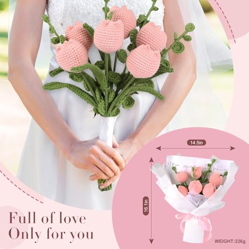 Handmade Crochet Pink Tulip Bouquet, Knitted Eternal Flower Arrangement with Gift Wrap, Pollen-Free Artificial Flowers for Valentine’s Day, Mother’s Day, Graduation, Birthday Gift - color: Pink