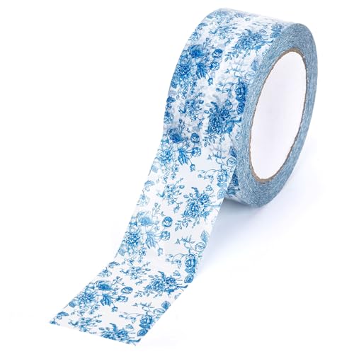 Whaline 109 Yard Blue Floral Packing Tape Chinoiserie Flower Pattern Tape Vintage Floral Waterproof Shipping Tapes for Small Business DIY Crafts Box Carton Decor - style: Blue Floral