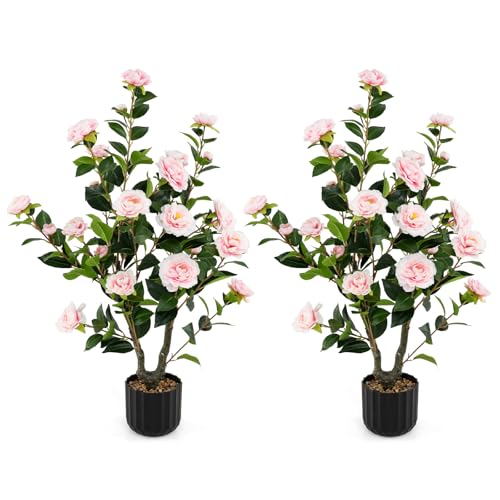 Goplus 38’’ Artificial Camellia Tree, 2 Pack Flower Plants Artificial Tree, Faux Floral Plant Blooming Tree in Cement Pot, Greenery Potted Plant for Indoor Outdoor Office Home Porch Decor - color: Pink, size: 38 inch×2