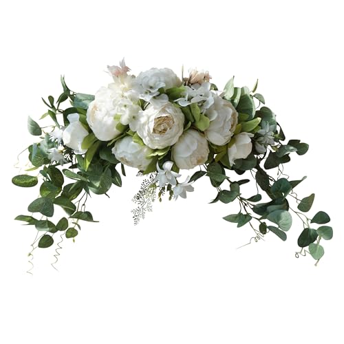 H&S BRIDAL Wedding Arch Flowers, 30 Inch Rustic Artificial Floral Swag for Door Lintel, Green Leaves Rose Peony Sunflowers Table Centerpieces Home Decoration - color: White