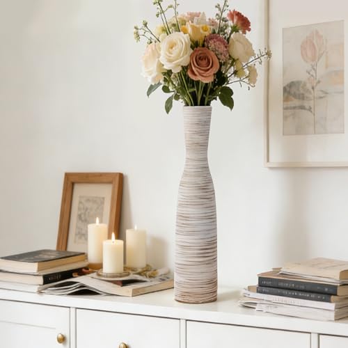ALMA 20" White & Browm Tall Skinny Vase for Flowers, Decorative Thin Pampas Grass Vases for Living Room Floor, Dinner Table, Entryway, Fireplace, Bookshelf, Offer, Home Decor - color: Bow-white-20"