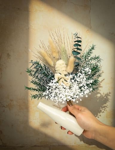 xin's convey Dried Flower Bouquet with Ceramic Vase, Pampas, Wedding Party Decoration, Farmhouse Decor, Wedding Table Centerpiece. (Green) - color: Green
