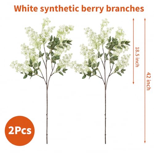 2 Pcs 42 Inch Spring White Faux Berry Stem, Realistic Sedum Stem Spray Artificial Flowers Picks Fake Branches, Farmhouse Mantel Decor for Wedding Holiday Harvest DIY Indoor Outdoor Home Decoration