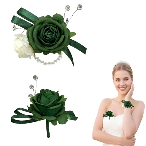 Green Corsage and Boutonniere Set for Bride Groom, Artificial Rose Flowers Wrist Corsage Bracelets Homecoming Flower Prom Suit Accessories Boutonniere for Wedding Prom Party Decorations - color: Green