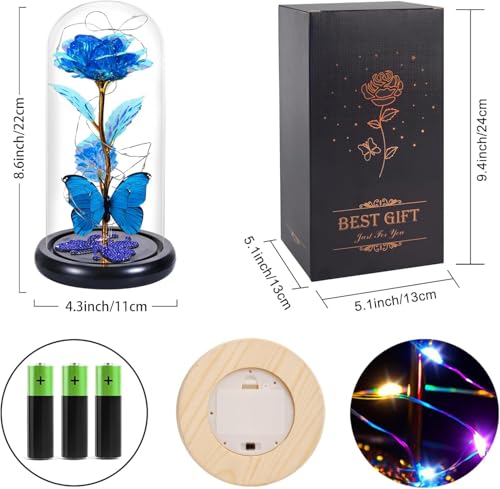 Gifts for Mom Birthday Gifts for Women Blue Rose Eternal Flower Light Up Rose in Glass Dome with Butterfly, Galaxy Crystal Flowers Gifts for Grandma Wife Daughter Her Delivery Prime - color: Sky Blue