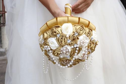 Ivory and Gold Bridal Wedding Bouquet with Rhinestone Brooch Pearl String Cascade Bouquet for Bride Bridesmaid Quinceanera Satin Rose Flower Bouquet Wedding Gold and Ivory 8.7in - color: Gold & Ivory (#2), size: Large (DIA. 8.7"/22cm)