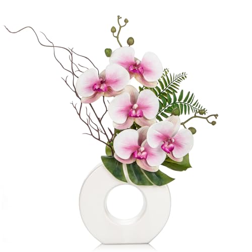 Briful Orchid Artificial Flowers 16.1'' Pink Orchid Silk Flowers with Ceramic Vase Faux Orchid Arrangement for Home Office Bathroom Table Centerpiece Indoor Decoration - color: Pink