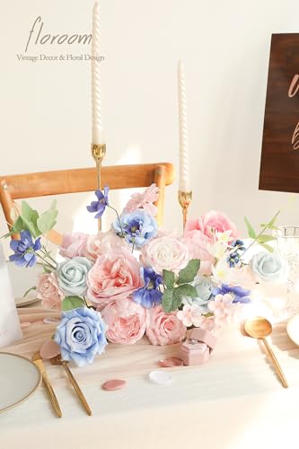 Floroom Pink Blush Blue Artificial Flowers Fake Roses Peonies and Greenery Combo Box Set for DIY Wedding Bouquets Bridal Shower Centerpieces Floral Arrangements Party Tables Home Decorations - color: Ethereal Blossom Symphony