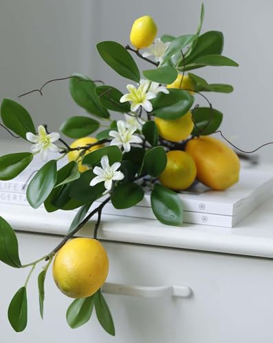 Laelfe Artificial Lemons Branches, 8 Head Faux Lemons with Stem Fake Lemon Themed for Kitchen Decoration Party Farmhouse Decor (Yellow) | Fake Lemon Stems, Summer Home Kitchen Decor, Farmhouse Party Decorations