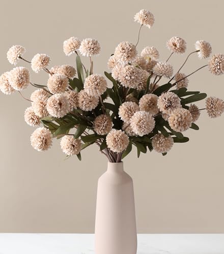 HyeFlora Fake Kiku Flowers, Faux Silk Pompon Mums Artificial Flowers, Chrysanthemum Stems Floral Arrangement Dried Flowers Vintage Decorative Indoor Home Decor Beige (Vase not Included) - color: 8pcs-beige