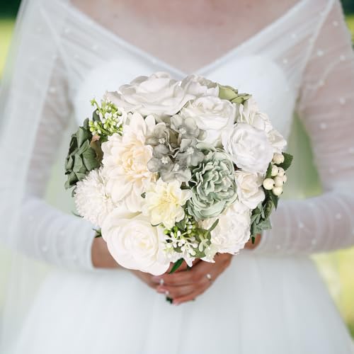 Artificial Flowers Combo Box Set Fake Flowers Dahlia White Roses Green Leaf with Stems for DIY Wedding Bouquets Baby Shower Party Home Decoration - color: Classic White