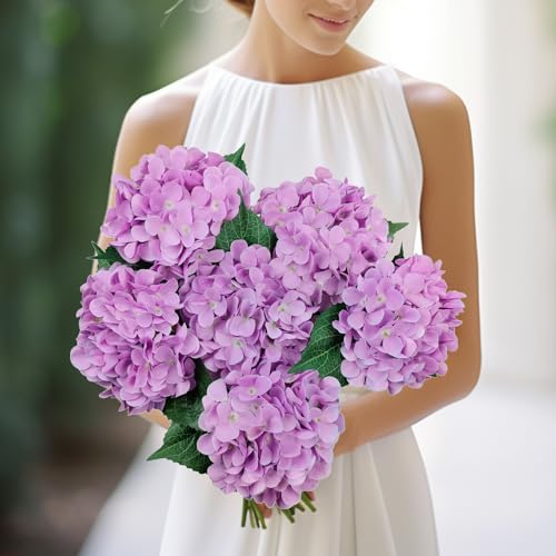 6PCS Purple Hydrangea Artificial Flowers, Bulk Silk Fake Flower with Stems, Faux Hydrangeas Bouquets for Home Décor, Wedding, Party, and Office Table Centerpieces. - color: Purple