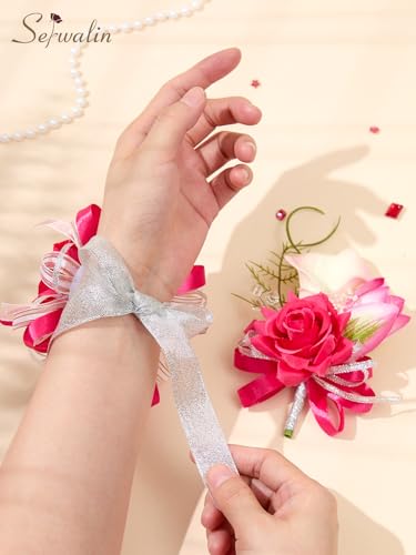 Serwalin Hot Pink Prom Corsage and Boutonniere Set, Artificial Calla Lily & Rose Wrist Corsage Wristlet for Homecoming, Formal Dance, Wedding Flowers Accessories Party Suit Decorations - color: Hot Pink