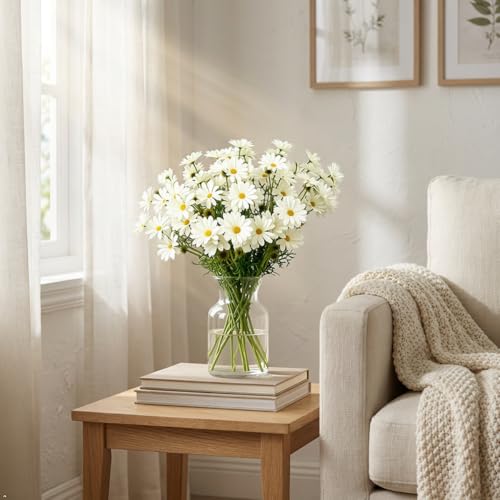 10 Bundles White Artificial Daisy Flowers, 20" UV Resistant Outdoor Fake Wildflowers with Stems & Faux Greenery for Home Garden Vase Table Decor - color: White