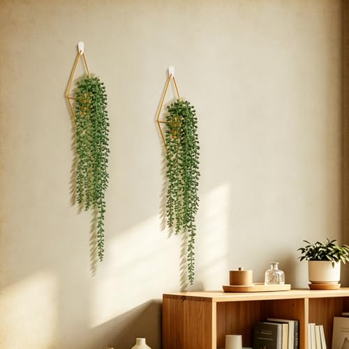 Artificial Hanging Plants with Geometric Metal Wall Planter, Faux String of Pearls Hanging Plant, Fake Succulent Vine Potted Plant for Wall Decor, Indoor Outdoor Home Office Garden Patio Decoration - color: String of Pearls-a, size: 1Pack