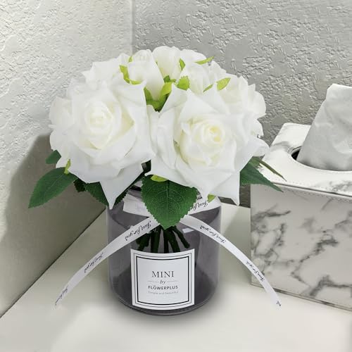 XIAYAN Artificial Flower and Glass vase, Silk Rose Flower Glass Bottle Set, Suitable for Living Room, Dining Table, Office, Wedding, Hotel Banquet and Family Decoration. (White)……… - color: Ivory
