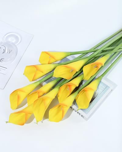 DuHouse 12pcs Calla Lily Artificial Flowers,26" Long Stem Large Calla Lily Flowers,Real Touch Calla Lilies for Party Wedding Bridal Bouquet Home Decor Centerpiece(Yellow-Orange Edge) - color: Yellow-orange Edge