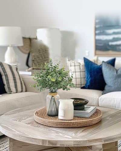 Coferset Eucalyptus Stems in Glass Vase with Faux Water, 14" Eucalyptus Fake Plants Faux Greenery Plants Decorations for Home Bathroom Office Farmhouse Shelf Coffee Table Centerpiece (Gray Vase) - color: Green-gray Vase