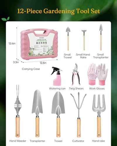 Grenebo 12-Piece Womens Gardening Tools Gift Set, Rust-Proof & Heavy-Duty Garden Tools with Durable Carrying Case, Fashionable & Thoughtful Gardening Gifts for Women&Men (Pink-Silver) - color: Pink-Silver