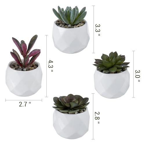 MyGift Miniature Artificial Succulents, Indoor Fake House Plants in Round White Geometric Ceramic Pots, Set of 4 - color: White (Set of 4)