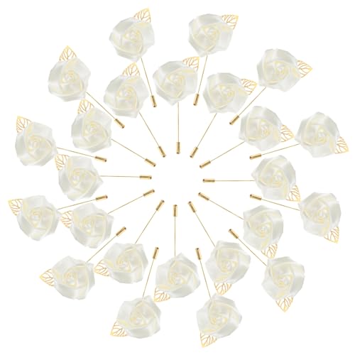 M METERXITY 48-Pack Flower Lapel Pins for Men, Golden Leaf Rose Boutonnieres Pin Groom Boutonnieres for Wedding/Dance/Party, Men Lapel Pins for Suits Satin Flower Corsage [Milky White] - color: Milky White