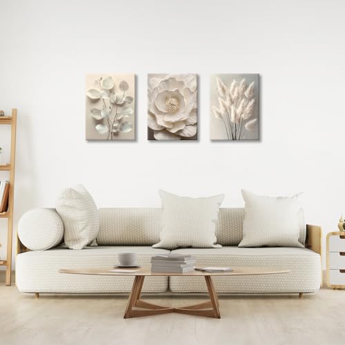 WENGTIAO 3Pcs Beige Floral Botanical Frame Canvas Wall Art, Neutral Textured Flower Plant Wall Painting Picture Wall Decor Vintage Blossom Prints for Bedroom Living Room Reay to Hang 12"x16"x3Pcs - color: Flower-White botanical, size: 12"x16"x3Pcs