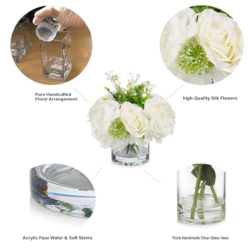 ENOVA FLORAL Artificial Rose Flowers in Vase, Mixed White Rose and Silk Peonies in Vase with Faux Water for Dining Table Centerpieces, Home Decor Indoor (FL-158-Cream) - color: Fl-158-cream