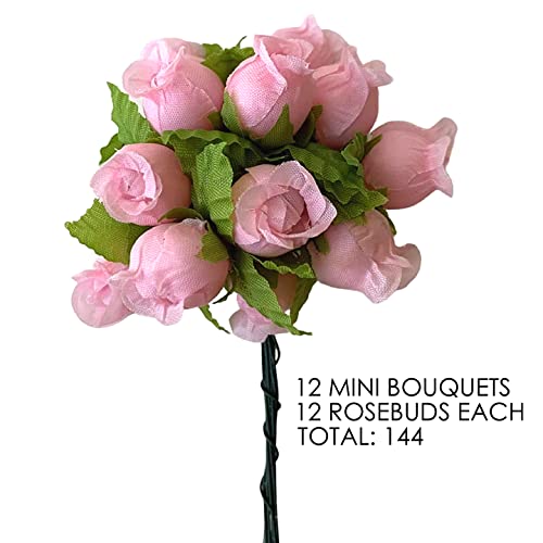 Rose Petal Pink Artificial Silk Flower Roses - 12 Mini Bouquets of 12 Rosebuds, 144 Rosebuds Total, Valentine’s Day Wedding Decor, Easter Reception Wreath, Gender Reveal Bridal Shower Flowers - color: Rose Petal Pink