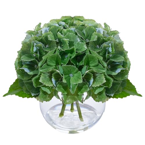 Deep Green Artificial Hydrangea Flowers in Glass Vase with Faux Water, 3 Stems Lifelike Fake Floral Arrangement, UV-Resistant Odorless Centerpieces for Dining Table Home Office Decor (7.9") - color: Deep Green Hydrangea