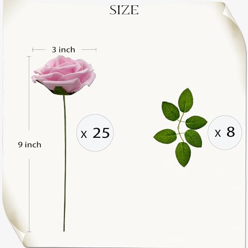 Artificial Roses Flowers 25Pcs Real Touch Roses with Stem Foam Fake Roses for DIY Wedding Bouquets Centerpieces Arrangement Party Baby Shower Home Decorations (Pink) - color: Pink
