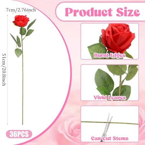 36 Pcs Silk Rose Bouquet Bridal Artificial Flowers,Fake Rose Long Stem Realistic Artificial Flowers Bulk for Wedding Bouquet Ball Arrangement Centerpiece Party Decor(red) - color: Red