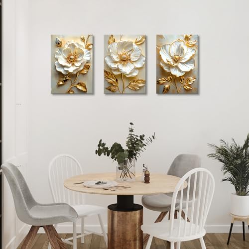 Modern White Floral Golden Leaves Canvas Wall Art Set, Neutral 3d Textured Flowers Wall Painting Pictures Boho Beige Blossom Wall Decor Posters Print Artwork for Bedroom Living Room Office 20x28x3Pcs - color: Flower-golden leaf, size: 20"x28"x3Pcs