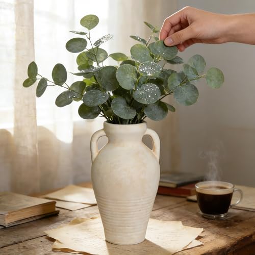 Ceramic Flower Vase with Handles, 11 Inch Farmhouse Rustic Vase, Decorative Pottery Terracotta Tall Vases for Home Decor, Living Room, Centerpiece, Shelf, Mantle Fireplace - color: 11"h-off-white