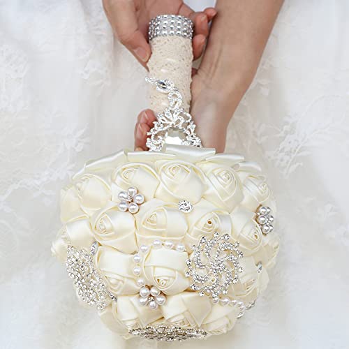 Sharebeauty 7.9 Inch Handmade Satin Rose Bridal Bouquet Toss Round Wedding Bouquet Throw Toss Artificial Flower Bunch Ivory - color: W3217d01 Ivory