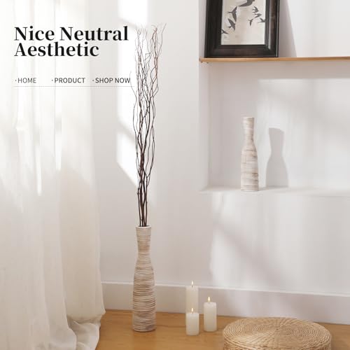 ALMA 16" Tall Floor Vase for Pampas Grass,White Brown Ceramic Centerpiece for Dresser, Skinny Pampas Grass Vessel for Floor, Entryway Table, Fireplace Decor - color: Bow-white-16"