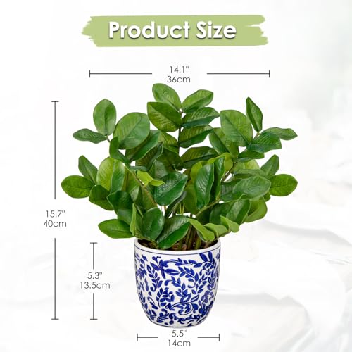 Briful Faux Plants Indoor 15.7in Fake ZZ Silk Plant in Blue and White Ceramic Pot Realistic Artificial Tropical Plant for Home Office Room Kitchen Shelf Decor - color: Medium Size-blue and White Pot