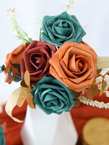 Artificial Flowers 25 Pack Peacock Green Faux Foam Roses with Stems, Real Looking Fake Rose for DIY Wedding Bouquets, Bridal Shower Centerpieces, Party Table Decorations, Home Decor - color: Peacock Green, size: 25Pcs