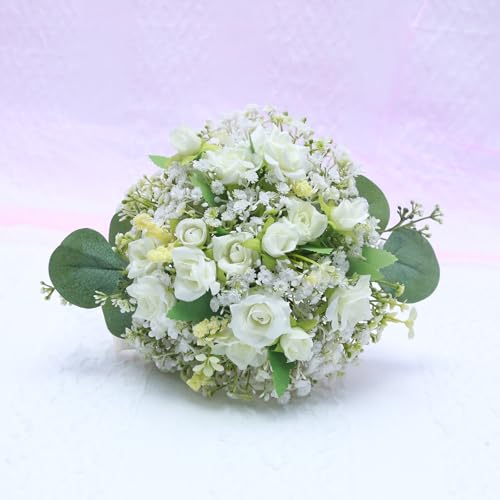 Artificial Bridesmaid Bouquets Set of 6 - Ivory White 9 Inch Flower Bouquet for Wedding Party Ceremony Dinning Table Centerpieces Decor Faux (Sweetheart Rose & Babys Breath & Ribbon) - color: Sweetheart Rose
