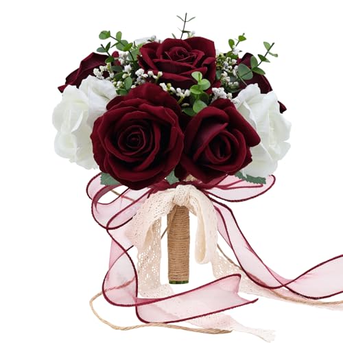 9in Wedding Bouquets for Bride Bridesmaid, Burgundy & White Artificial Roses Flowers Bouquet for Rustic Church Boho Wedding or Centerpieces Decoration