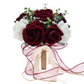 9in Wedding Bouquets for Bride Bridesmaid, Burgundy & White Artificial Roses Flowers Bouquet for Rustic Church Boho Wedding or Centerpieces Decoration