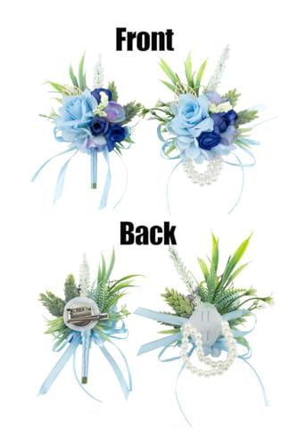 2 Pcs Wrist Corsage and Boutonniere Set, Blue Corsage for Wedding, Boutonniere for Men Artificial Rose Flower Wristlet Bracelet Prom Ceremony Anniversary Accessories Decor Suit - color: Blue
