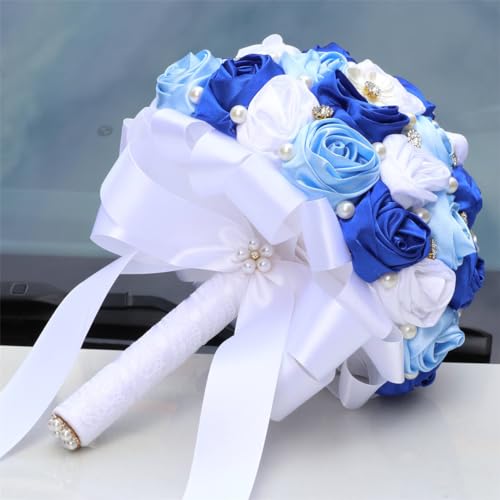 MaxxCloud 5.9‘’ Handmade Romantic Toss Bouquet for Bride Stunning Bridesmaid Brooch Wedding Bouquet with Jewelry Petals 2 Blue and White - color: 2 Blue+white, size: 5.9''/15cm