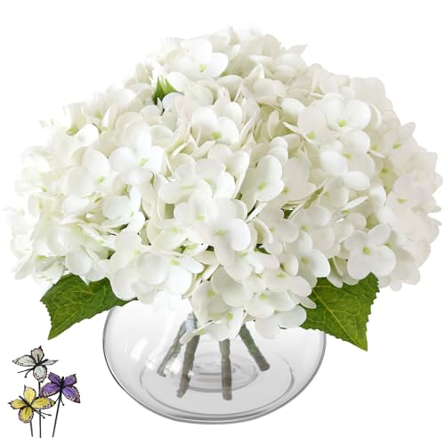 Leftover Hydrangea Artificial Flowers with Vase,White Real Touch Hydrangea Flowers with Butterfly,Faux Hydrangea Flowers for Floral Centerpieces for Tables,Home Decor,Wedding Decor,Coffee Table Decor - color: White Hydrangea