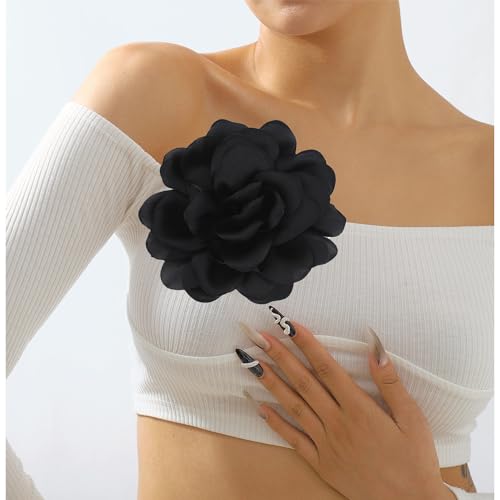 Large Flower Brooches Lapel Pins for Women Satin Fabric Brooches Big Camellia Flower Brooch Pins Wedding Part Dance Clothes Accessories Jewelry Gifts - color: black
