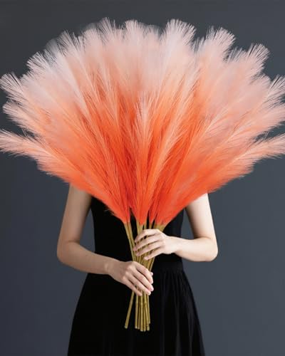 TORONTOKYO 8Pcs Orange Faux Pampas Grass Tall Decor, 35.4” Fluffy Artificial Pompous Grass Branches, Large Pampas Grass Reed Stems for Floor Vase Filler, Wedding, Baby Shower, Home Boho Fall Decor - color: Orange, size: 35.4inch-8Pcs