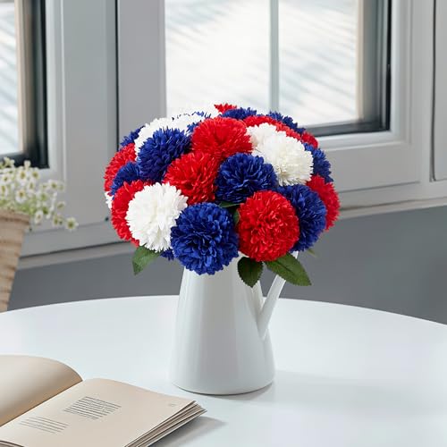 SITUMEIZI 12 Pcs Artificial Chrysanthemums Flowers Patriotic Red White Blue Fake Mums Silk 4th of July Decorations Memorial Day Table Centerpiece Floral Arrangement for Home Kitchen Wedding - color: Red/Blue/White, size: 12 Pieces