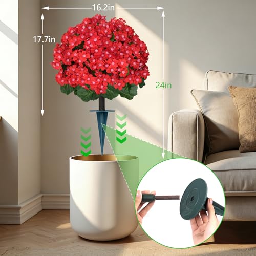 Yangrass Artificial Topiary Red Flowers for Outdoors, Set of 2 Fake Bushes Topiary Ball Trees with Ground Spikes, Lifelike UV Resistant Faux Plants for Garden Front Porch Patio Decor - color: Red Crabapple Blossoms