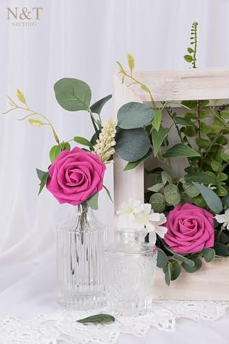 N&T NIETING Artificial Flowers with Stems,Foam Roses Fake Flowers Rose Perfect for DIY Wedding Bridal Bouquets Centerpieces Shower Party Home Flower Arrangement Decoration,25Pcs Hot Pink - color: Hot Pink, size: 25pcs