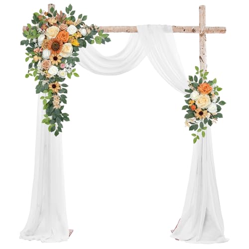 Odouzy Wedding Arch Flowers Kit,Artificial Flower Arch Decor (Set of 3),2pcs Artificial Flower Arrangement with 1pc Sheer Drape for Wedding Decor Reception Backdrop Floral Decorations (Coffee Orange) - color: Coffee Orange
