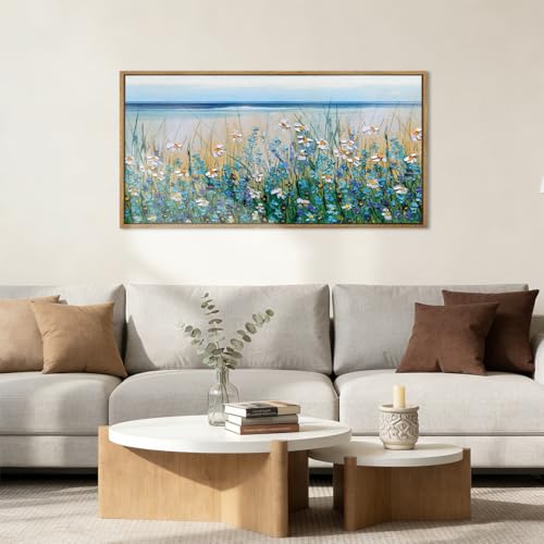 Large Blue Seaside Cyan Floral Wall Paintings Wildflowers Blossom Art Prints Framed Blue Flowers Artwork Floral Wall Art Wildflower Wall Pictures for Living Room Bedroom 20x40 Inch - color: Blue Wildflower, size: 24"L x 16"W